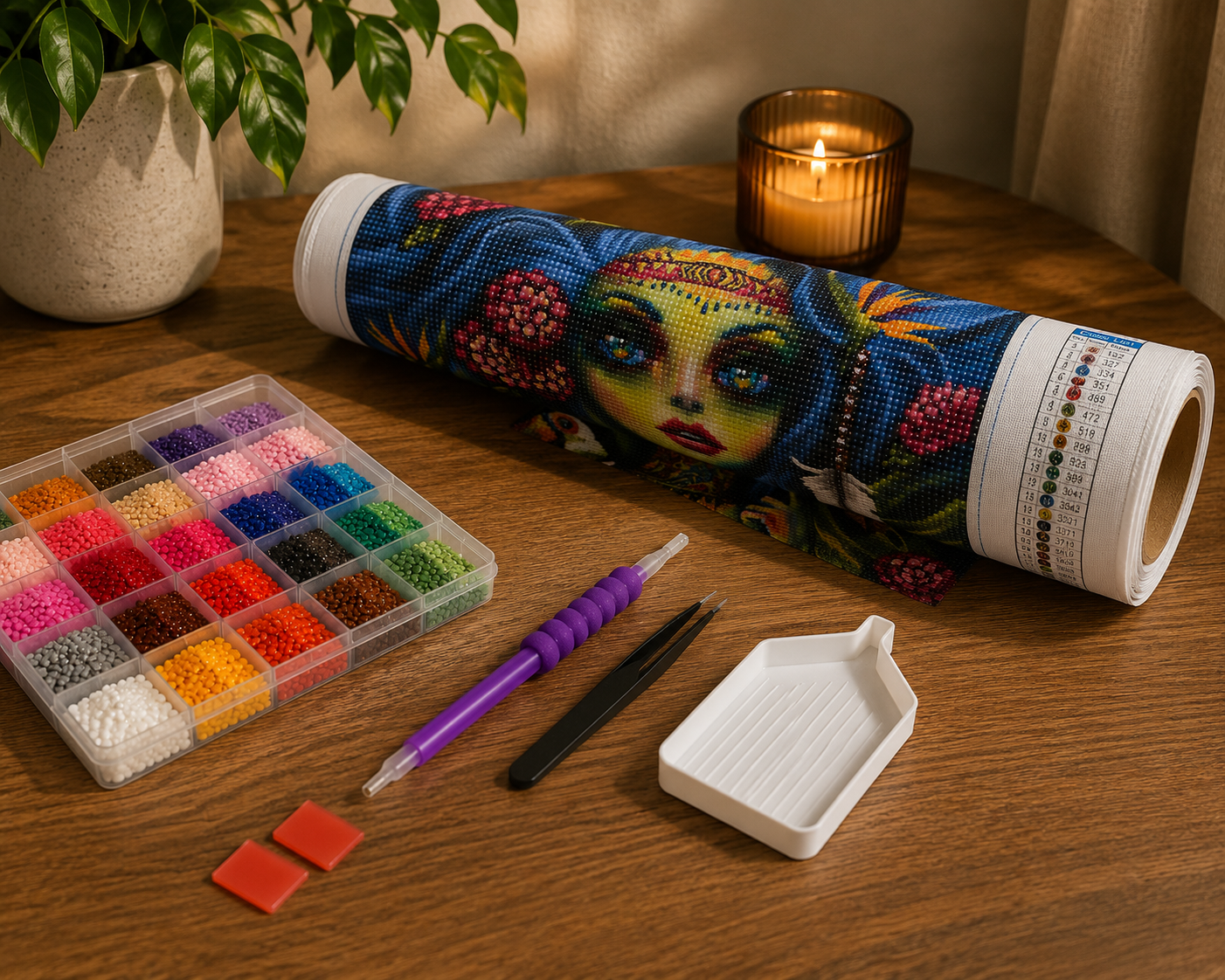Mystic Goddess with Toucan & Butterflies Diamond Painting Kit – flat lay of kit contents on warm wood surface including rolled canvas in tube, 30-color diamond drill organizer, purple applicator pen, tweezers, wax pad, and two red wax squares beside a glowing candle