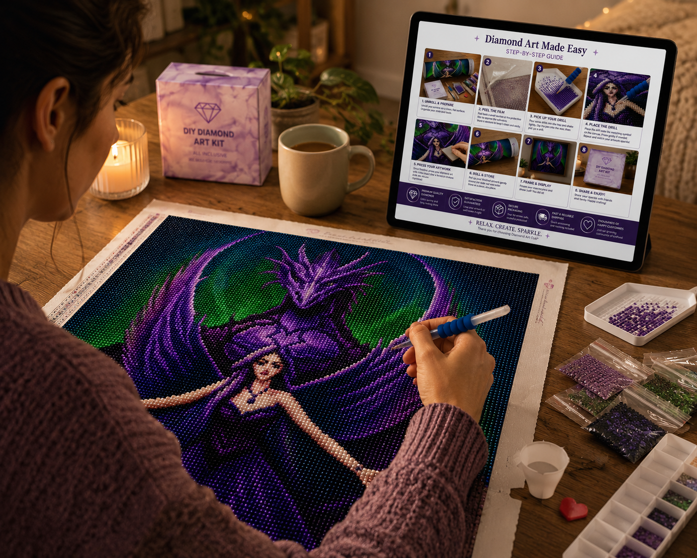 Purple Dragon Guardian & Angel Diamond Painting Kit – woman placing diamond drills on large purple dragon angel canvas at candlelit boho desk with DIY Diamond Art Kit box, diamond drill bags in purple and green, sorting trays, blue applicator pen, red heart wax pad, and a tablet displaying the step-by-step guide in warm ambient lighting