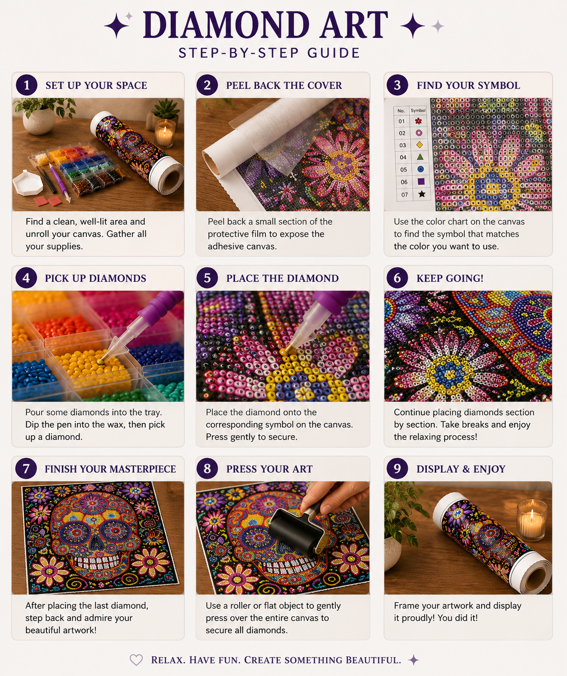 Rainbow Mandala Sugar Skull Diamond Painting Kit – 9-step diamond art guide showing how to set up your space, peel back the cover, find your symbol, pick up and place diamonds, keep going section by section, finish your masterpiece, press your art with a roller, and display and enjoy