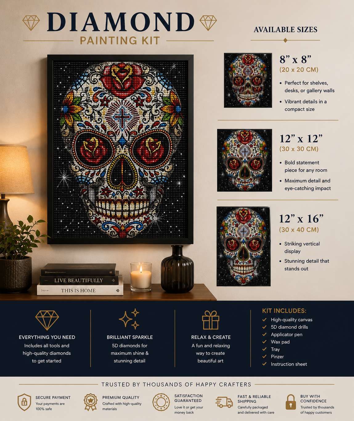 Rose Eye Sugar Skull Diamond Painting Kit – framed diamond art displayed on living room console in three sizes: 8x8" (20x20cm), 12x12" (30x30cm), and 12x16" (30x40cm), with kit includes callouts and trust badges for secure payment, premium quality, satisfaction guarantee, fast shipping, and buy with confidence