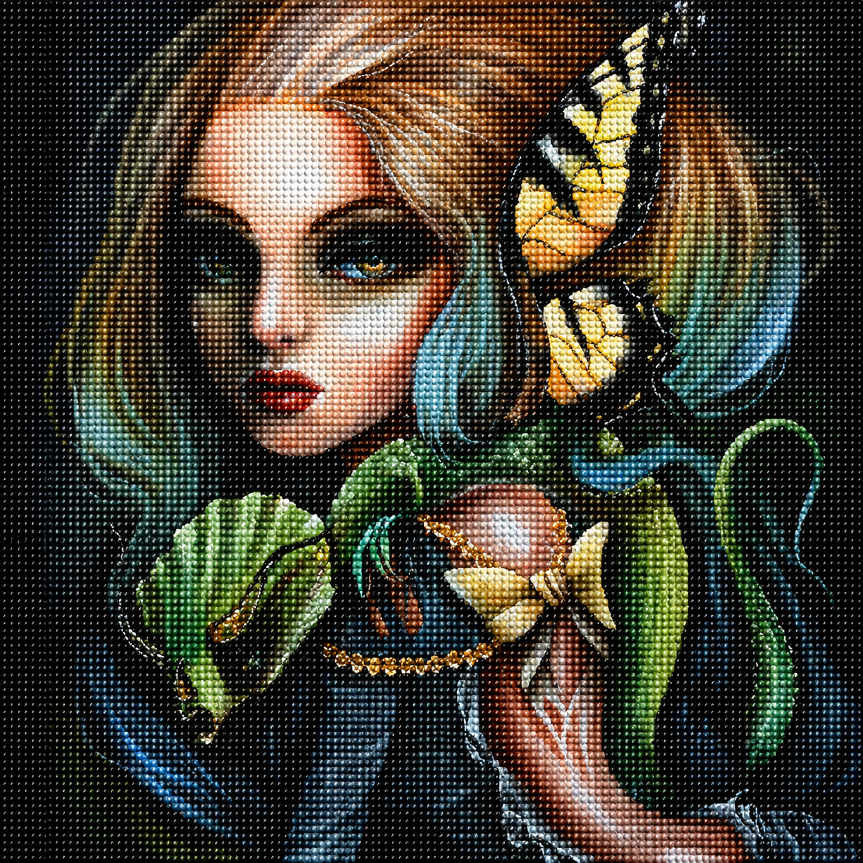 Serpent Butterfly Enchantress Diamond Painting Kit – completed diamond art featuring a pale enchantress with dark eyes, golden serpent necklace, yellow swallowtail butterfly, and lush tropical leaves on a dark background