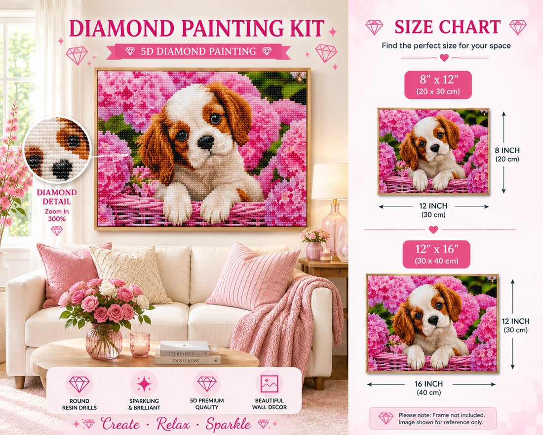 Framed spaniel puppy diamond painting displayed with size options | Azurra Shop
