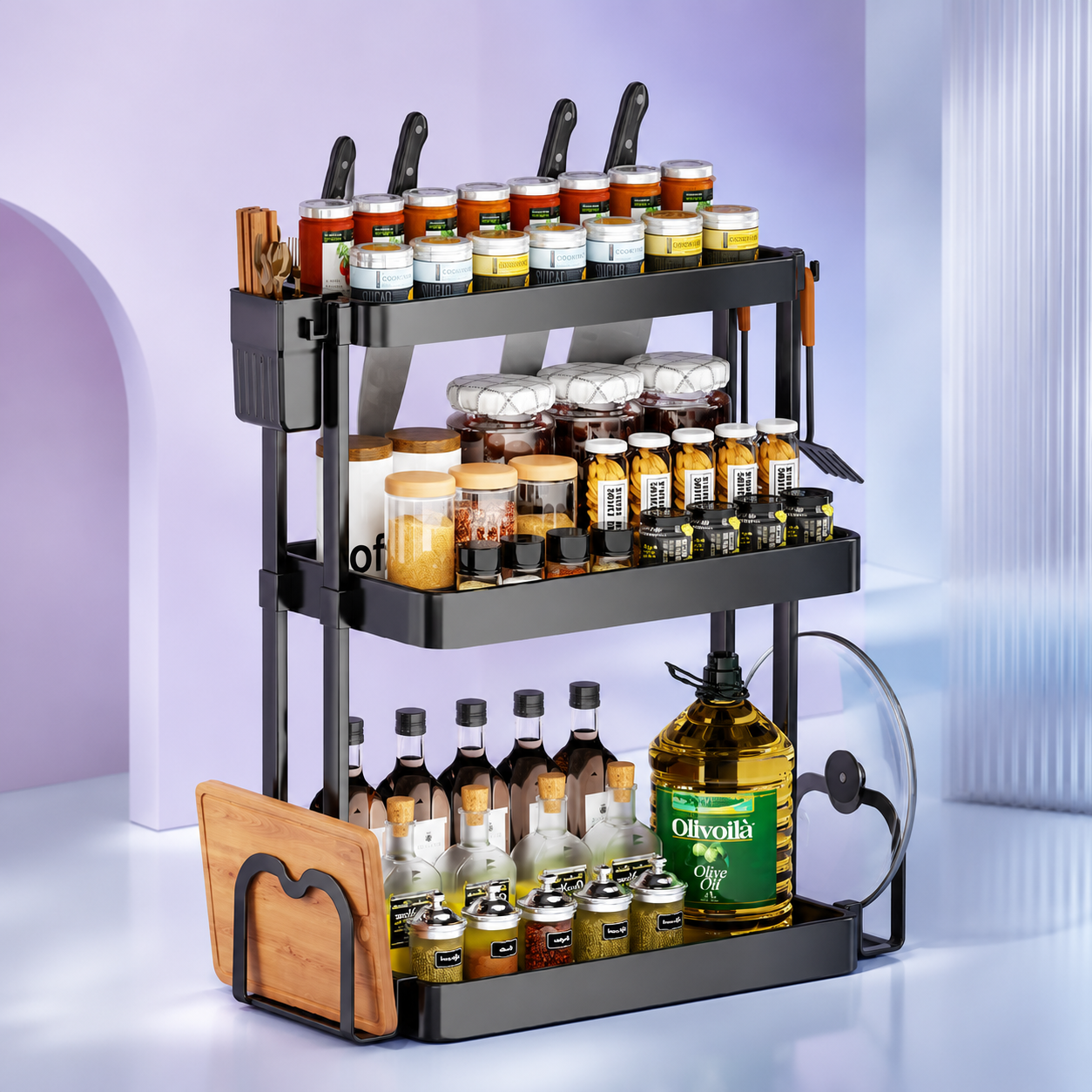 3-tier black kitchen seasoning rack fully loaded with spices, knives, and condiments — Azurra Shop