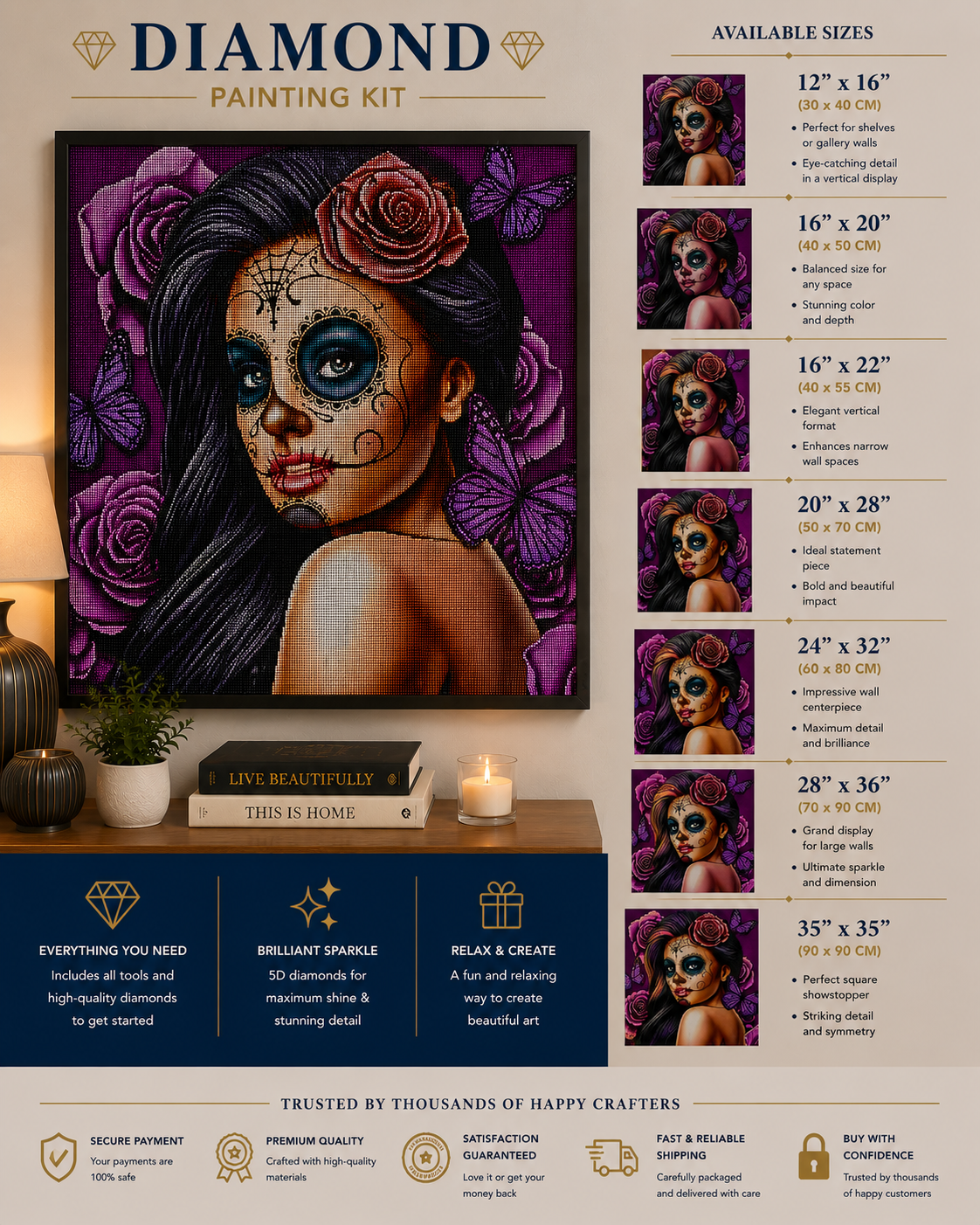 Sugar Skull Beauty with Purple Roses Diamond Painting Kit – framed diamond art displayed on living room console in seven sizes: 12x16", 16x20", 16x22", 20x28", 24x32", 28x36", and 35x35", with kit includes callouts and trust badges for secure payment, premium quality, satisfaction guarantee, fast shipping, and buy with confidence
