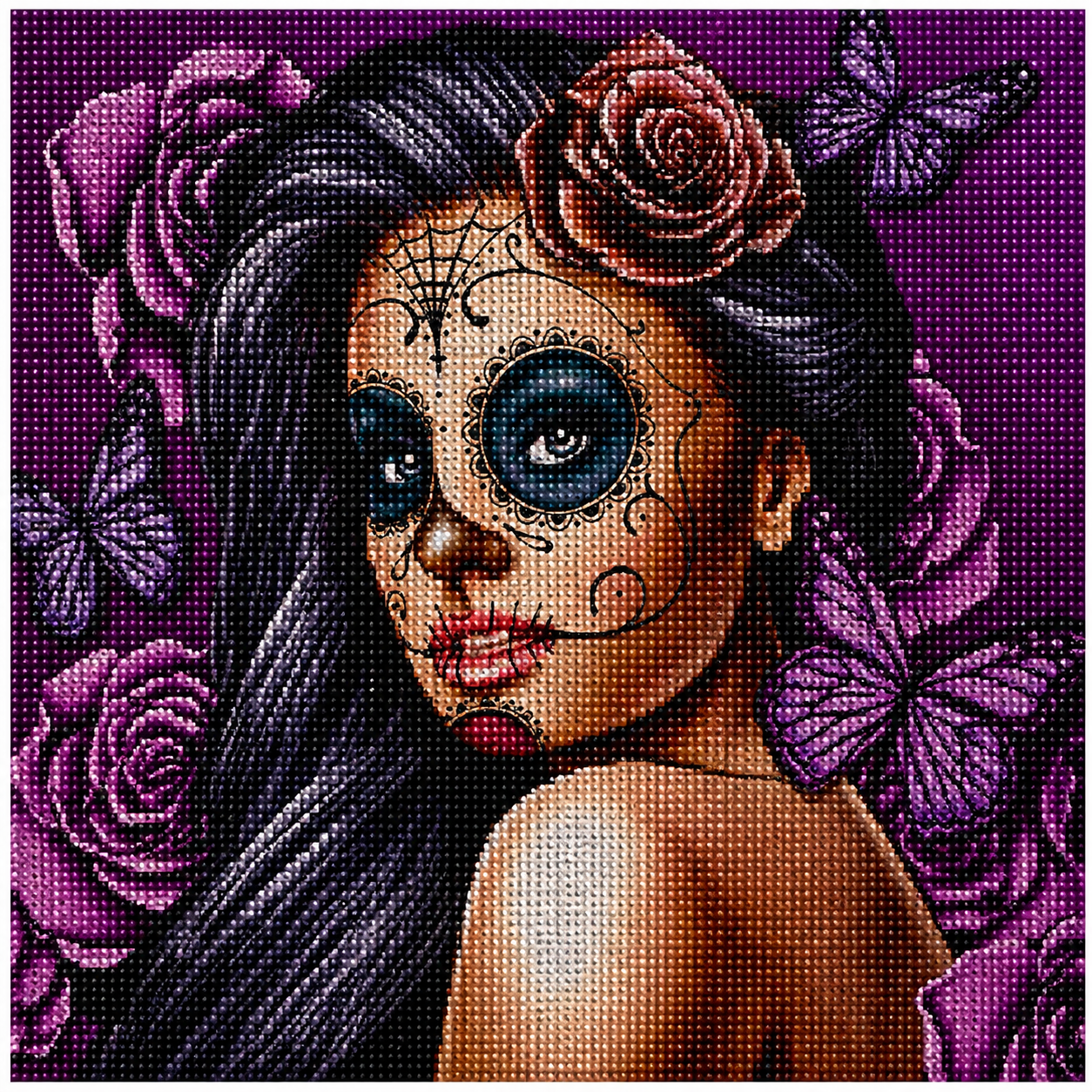Sugar Skull Beauty with Purple Roses Diamond Painting Kit – completed diamond art close-up featuring a Day of the Dead sugar skull woman with large dark eyes, intricate face paint, red rose hair adornment, purple butterflies, and pink roses on a deep purple background