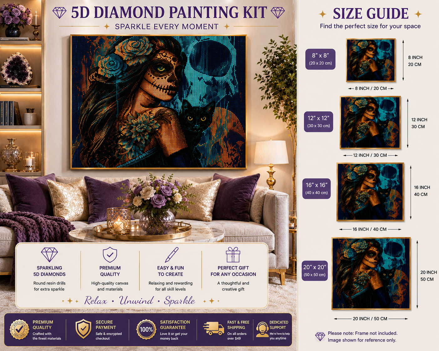 Sugar Skull Woman & Black Cat with Teal Roses Diamond Painting Kit – framed diamond art displayed above living room sofa in four sizes: 8x8" (20x20cm), 12x12" (30x30cm), 16x16" (40x40cm), and 20x20" (50x50cm), with feature callouts for sparkling 5D diamonds, premium quality, easy and fun to create, and perfect gift for any occasion, plus trust badges for premium quality, secure payment, satisfaction guarantee, fast and free shipping on orders over $49, and dedicated support