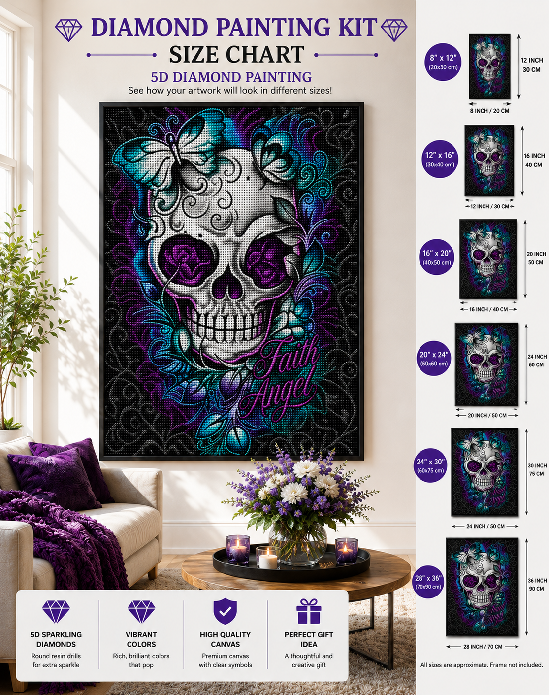 Teal Butterfly Sugar Skull with Rose Eyes Diamond Painting Kit – framed diamond art displayed in elegant living room in six sizes: 8x12" (20x30cm), 12x16" (30x40cm), 16x20" (40x50cm), 20x24" (50x60cm), 24x30" (60x75cm), and 28x36" (70x90cm), with feature callouts for 5D sparkling diamonds, vibrant colors, high quality canvas, and perfect gift idea