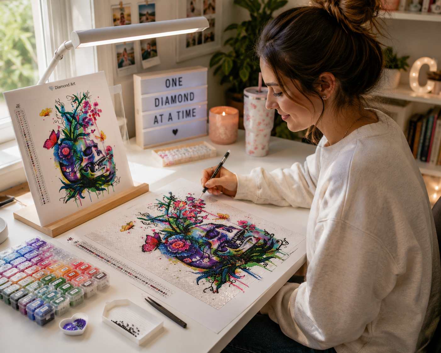 Watercolor Skull with Wildflowers Diamond Painting Kit – woman placing diamond drills on colorful skull canvas at bright craft desk with diamond containers, reference card on easel, tweezers, and "One Diamond at a Time" light box sign in background