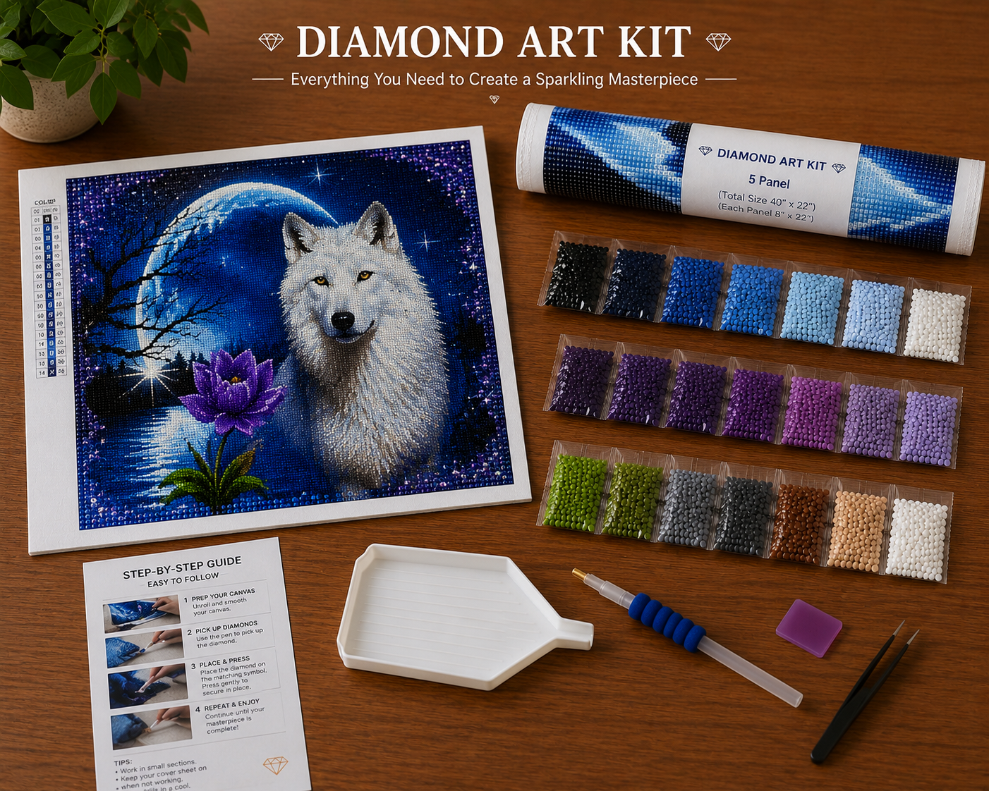 White Wolf & Blue Moon Diamond Painting Kit – full supplies layout including pre-printed canvas, resin drills, applicator pen, tray, and wax pad