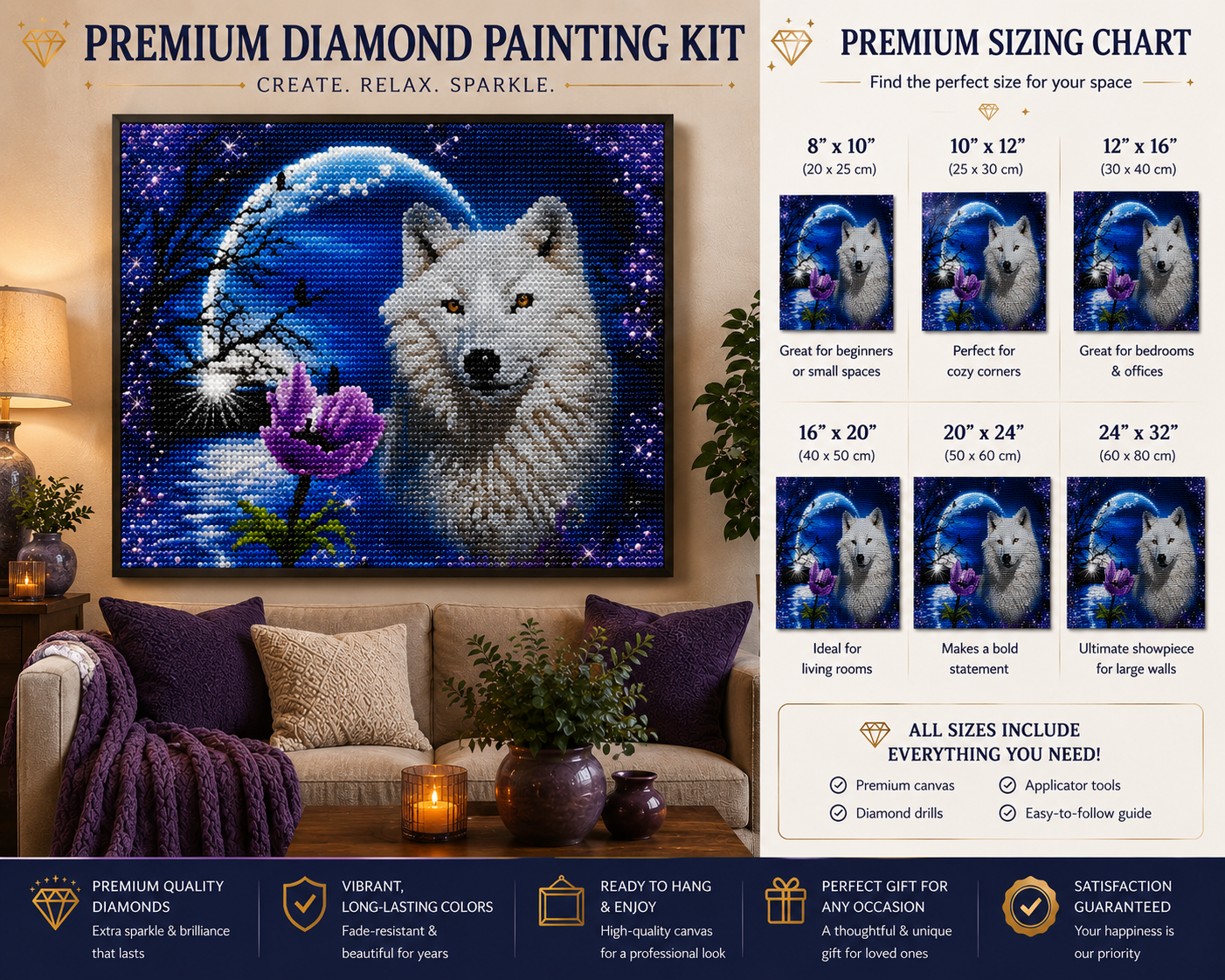 White Wolf & Blue Moon Diamond Painting Kit