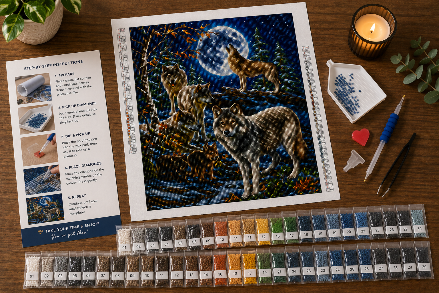 Wolf Pack & Full Moon Winter Forest Diamond Painting Kit – full supplies layout including pre-printed canvas, resin drills, applicator pen, tray, and wax pad