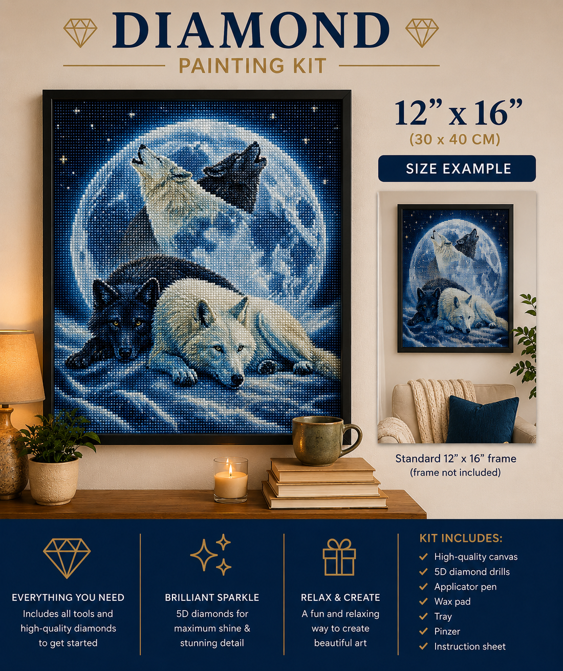 Wolf Spirit & Full Moon Diamond Painting Kit – four wolves beneath a luminous full moon, two spirit wolves howling from within the moon&