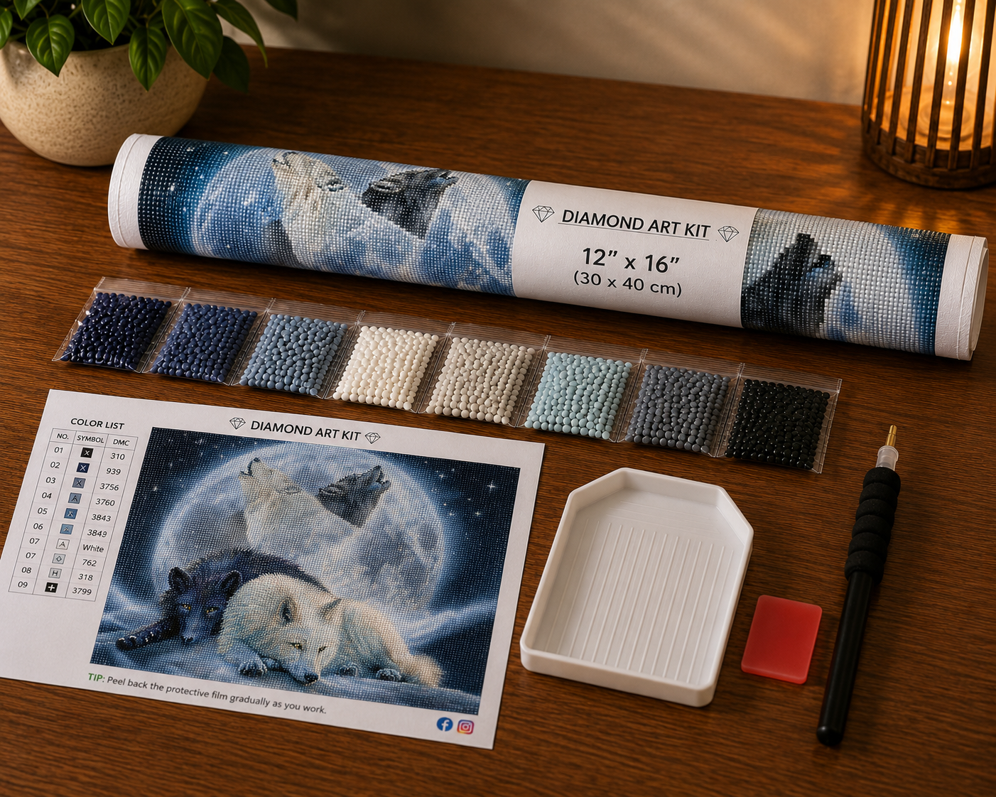Wolf Spirit & Full Moon Diamond Painting Kit – full supplies layout including pre-printed canvas, resin drills, applicator pen, tray, and wax pad