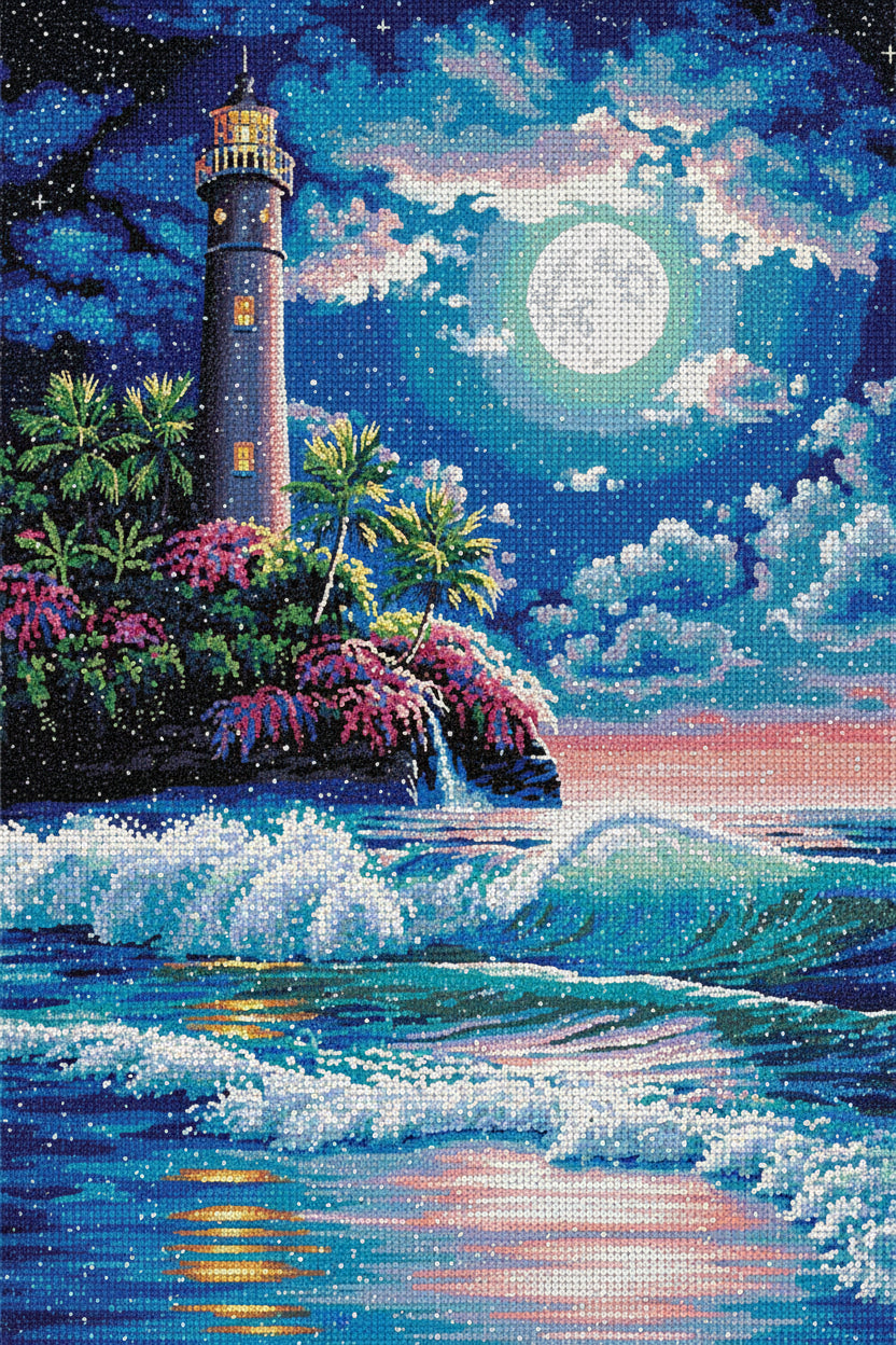Majestic seaside lighthouse diamond painting kit – ocean glow coastal wall art, square or round drill