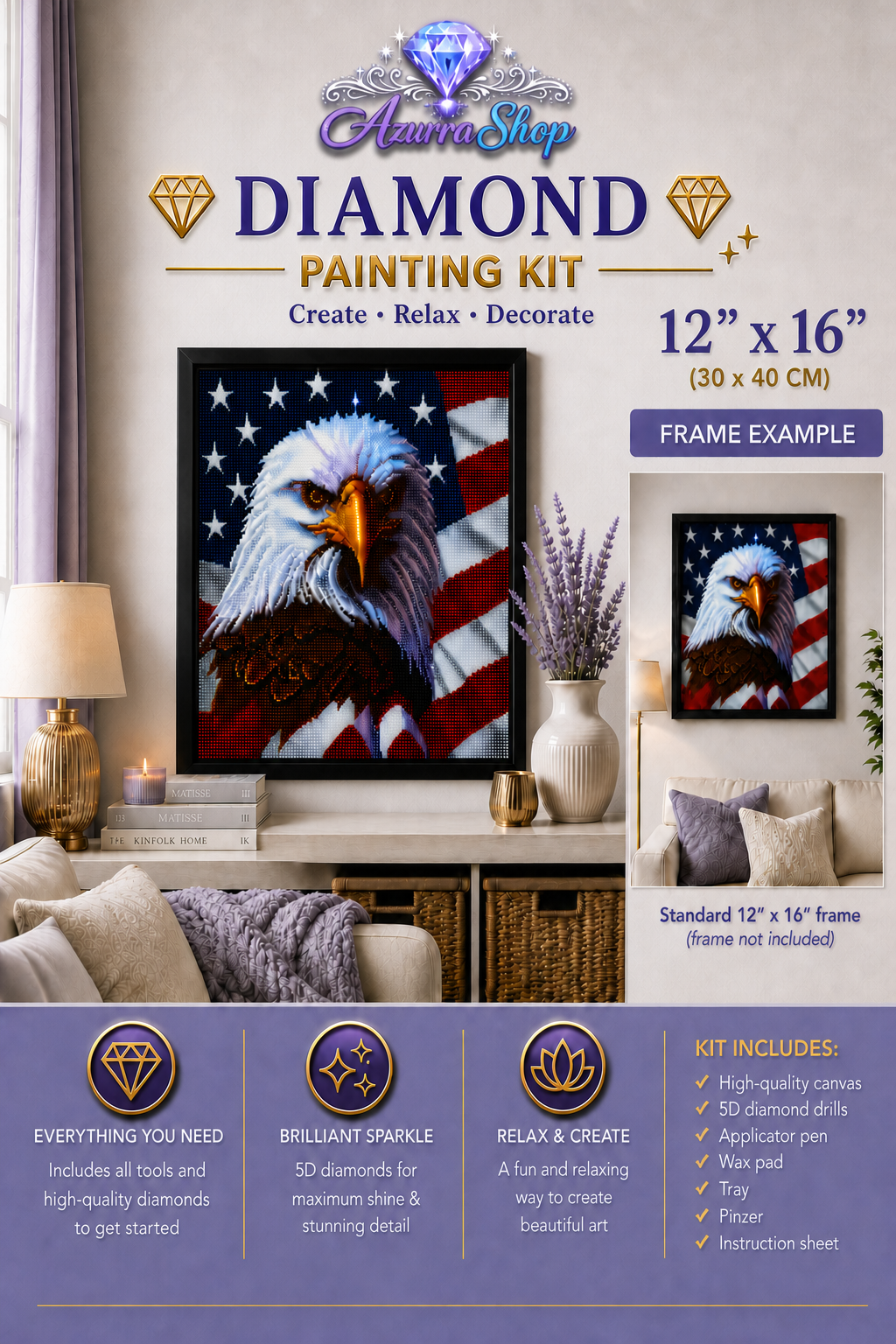 American Bald Eagle and US Flag Diamond Painting Kit