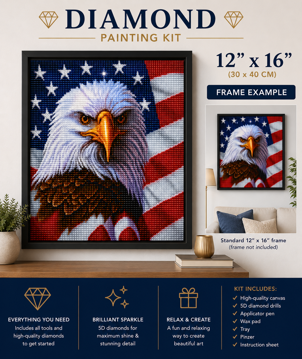 Bald eagle American flag diamond painting kit combo — 12" x 16" full drill 5D DIY art — Azurra Shop