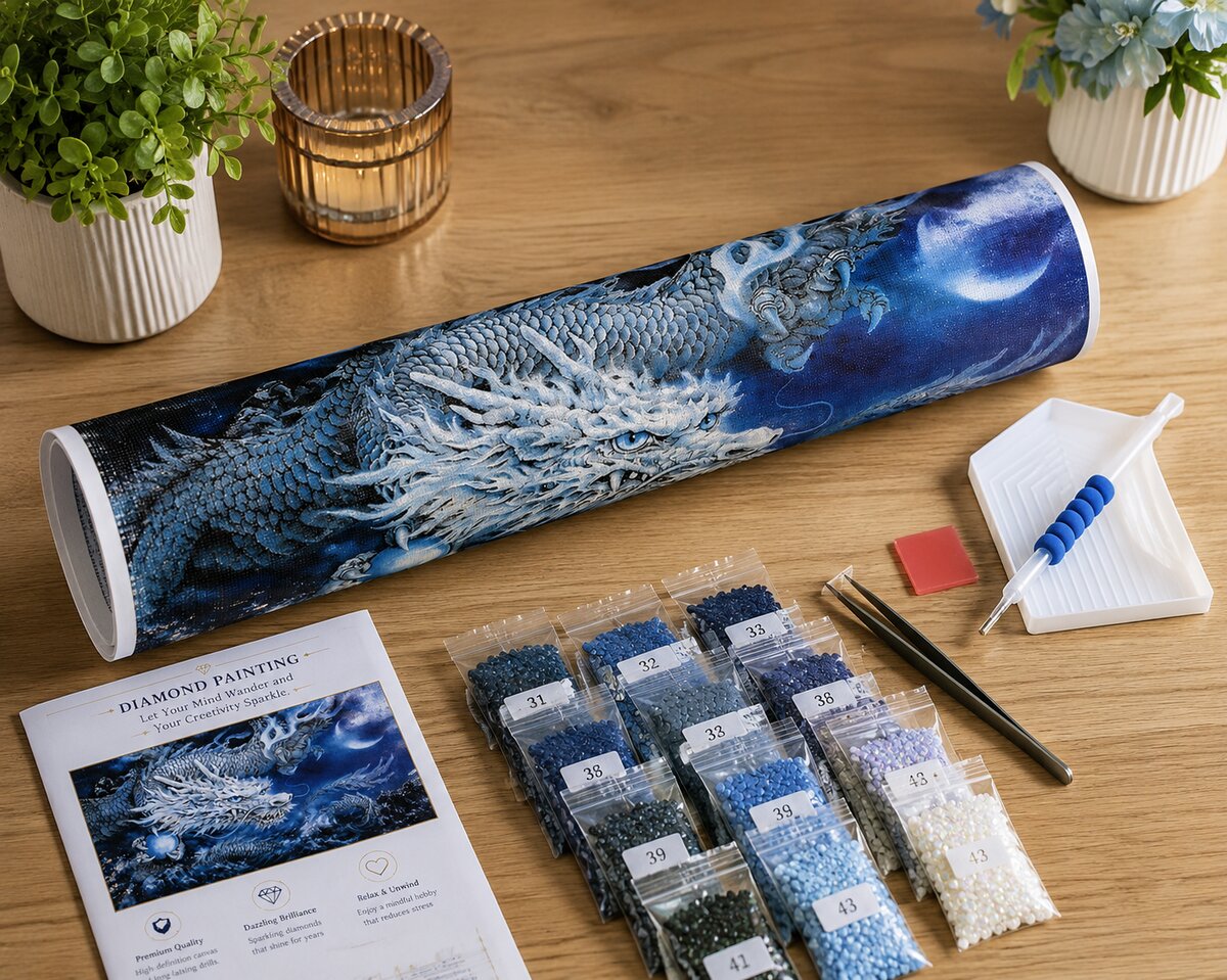 Diamond painting kit supplies including rolled canvas, numbered diamond bags, applicator pen, and tweezers | Azurra Shop