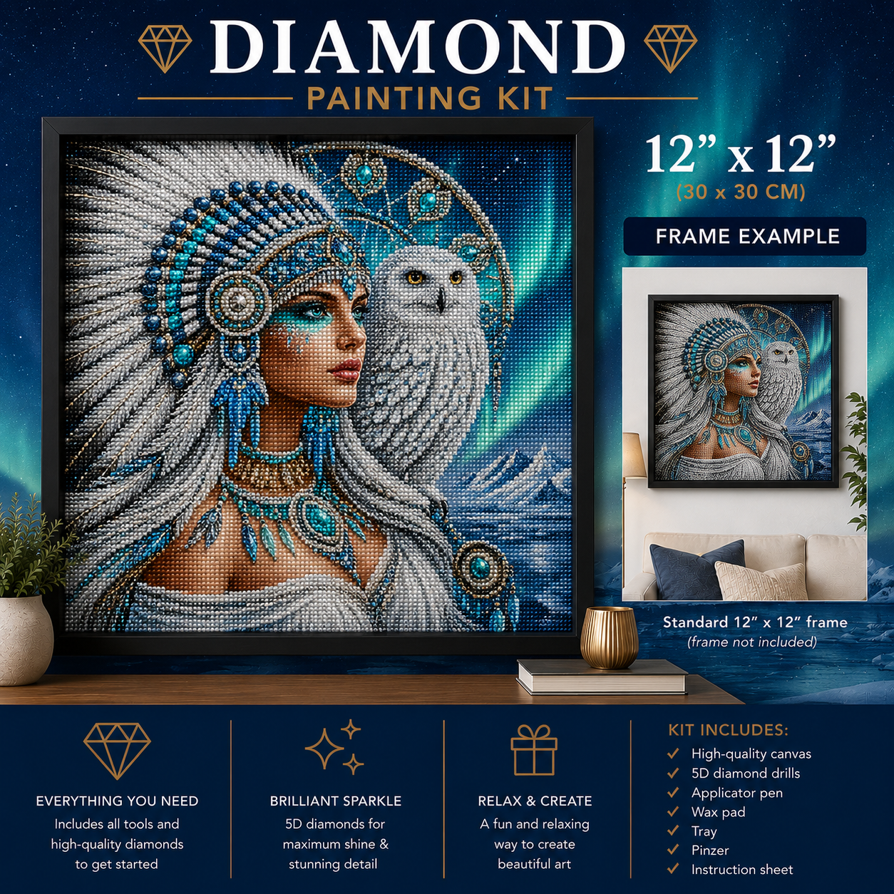 Arctic Native American princess diamond painting kit size chart – 12" x 12" size shown in black frame displayed on living room shelf beside plants and gold vase, icy blue and white tones, standard 12" x 12" frame fits perfectly, premium sparkling 5D diamonds — Azurra Shop