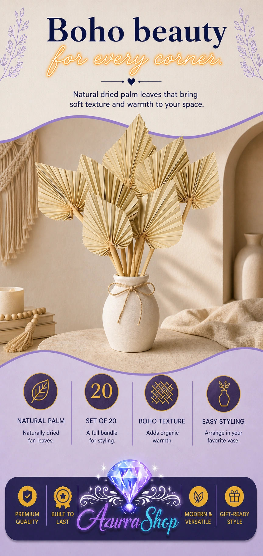Dried palm fan leaves arranged in a cream ceramic vase tied with twine, styled with a lit candle and macrame wall hanging in the background