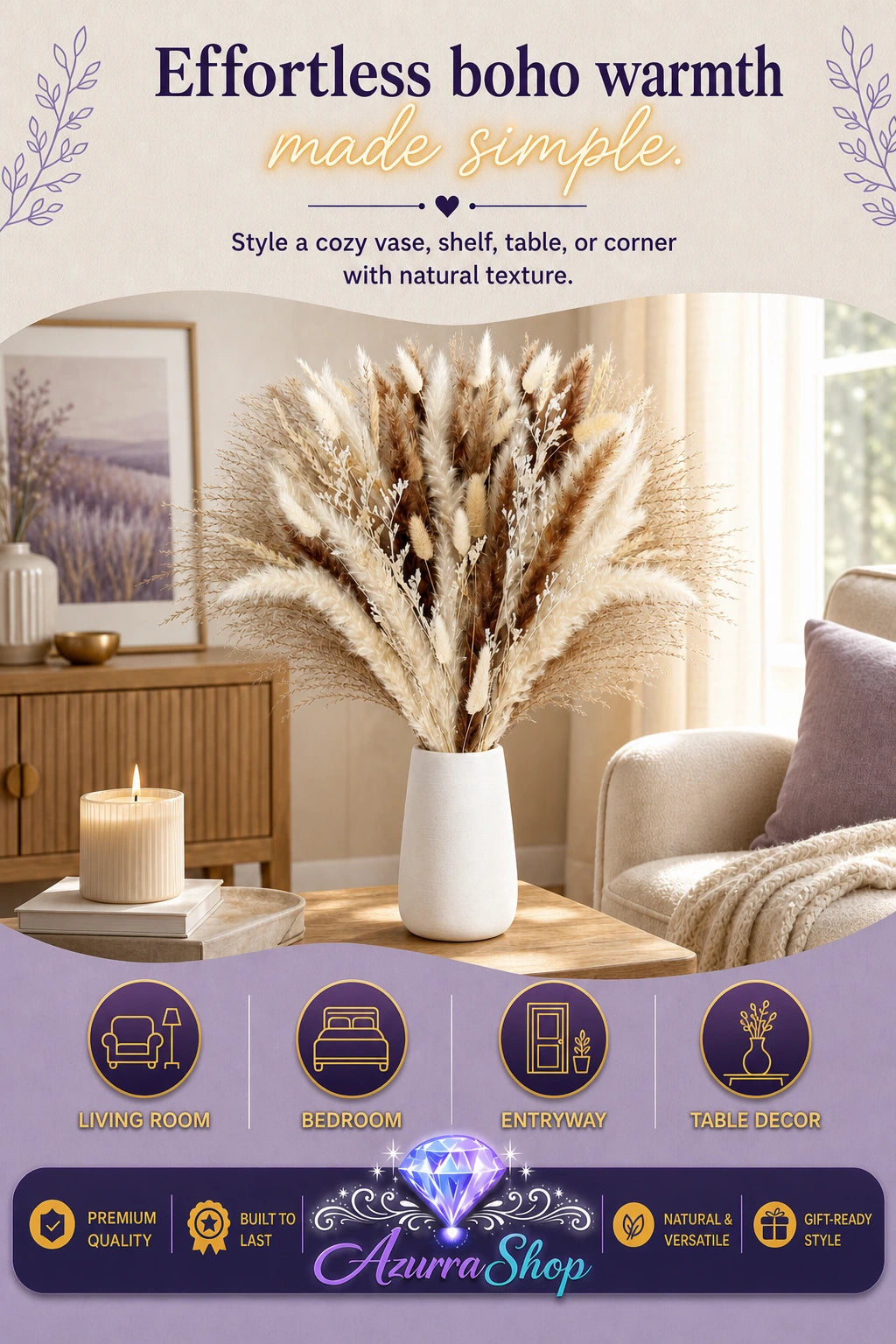 Promotional graphic showing a dried pampas grass bouquet in a white cylindrical vase, styled on a wooden side table in a cozy living room with a candle and armchair