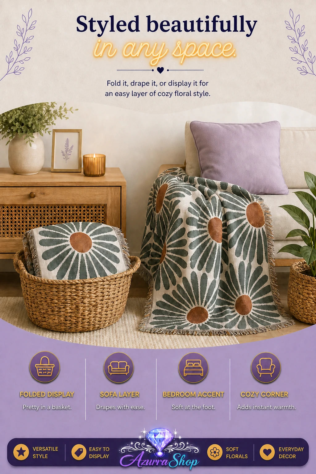 Daisy pattern throw blanket folded in a woven basket and draped over a sofa arm