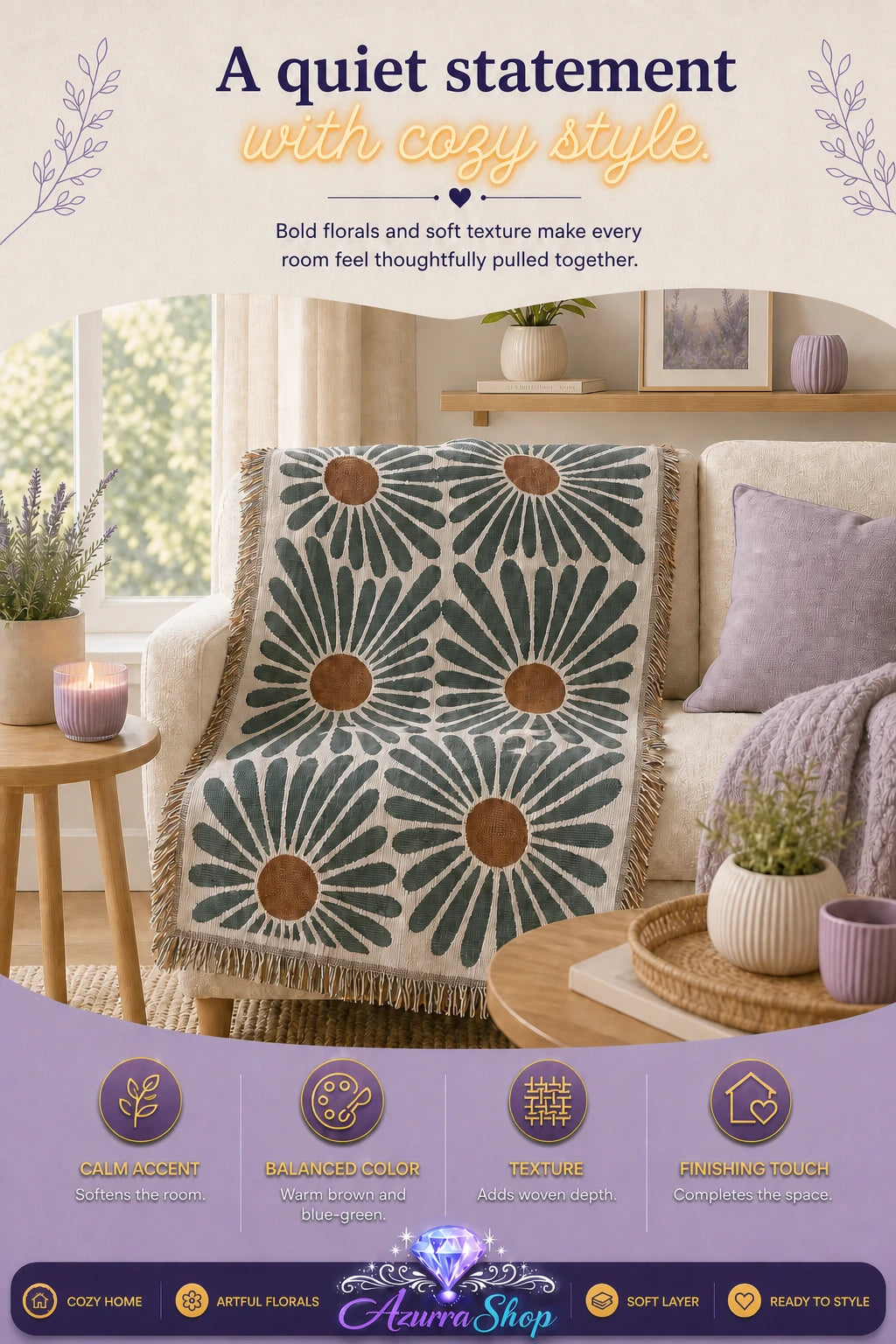 Daisy pattern throw blanket draped over the back of a sofa near a sunlit window