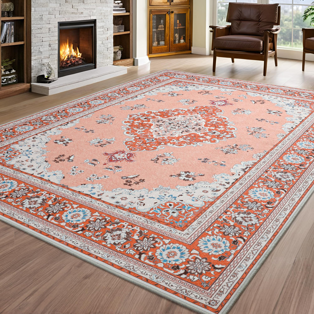 Vintage chenille area rug 6x9 feet in red — non-slip machine washable floor carpet for living room or bedroom — Azurra Shop