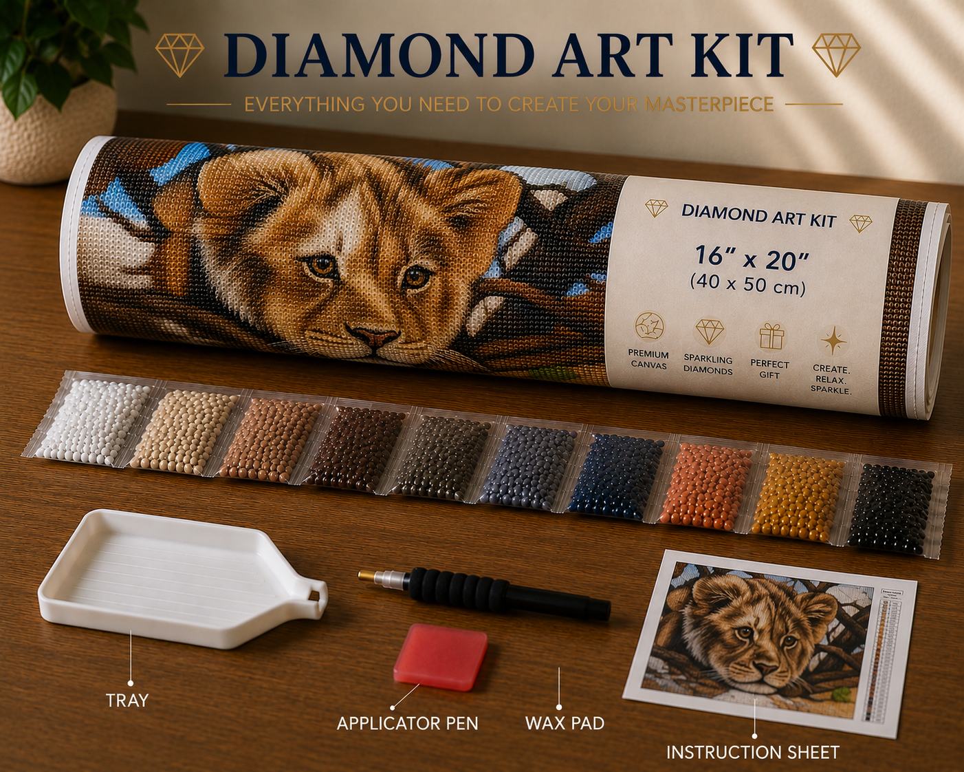 Baby lion cub diamond painting kit supplies – 16" x 20" canvas tube, sorted warm golden brown and blue diamond drill packets, applicator pen, wax pad, tray and instruction sheet on wooden surface — Azurra Shop