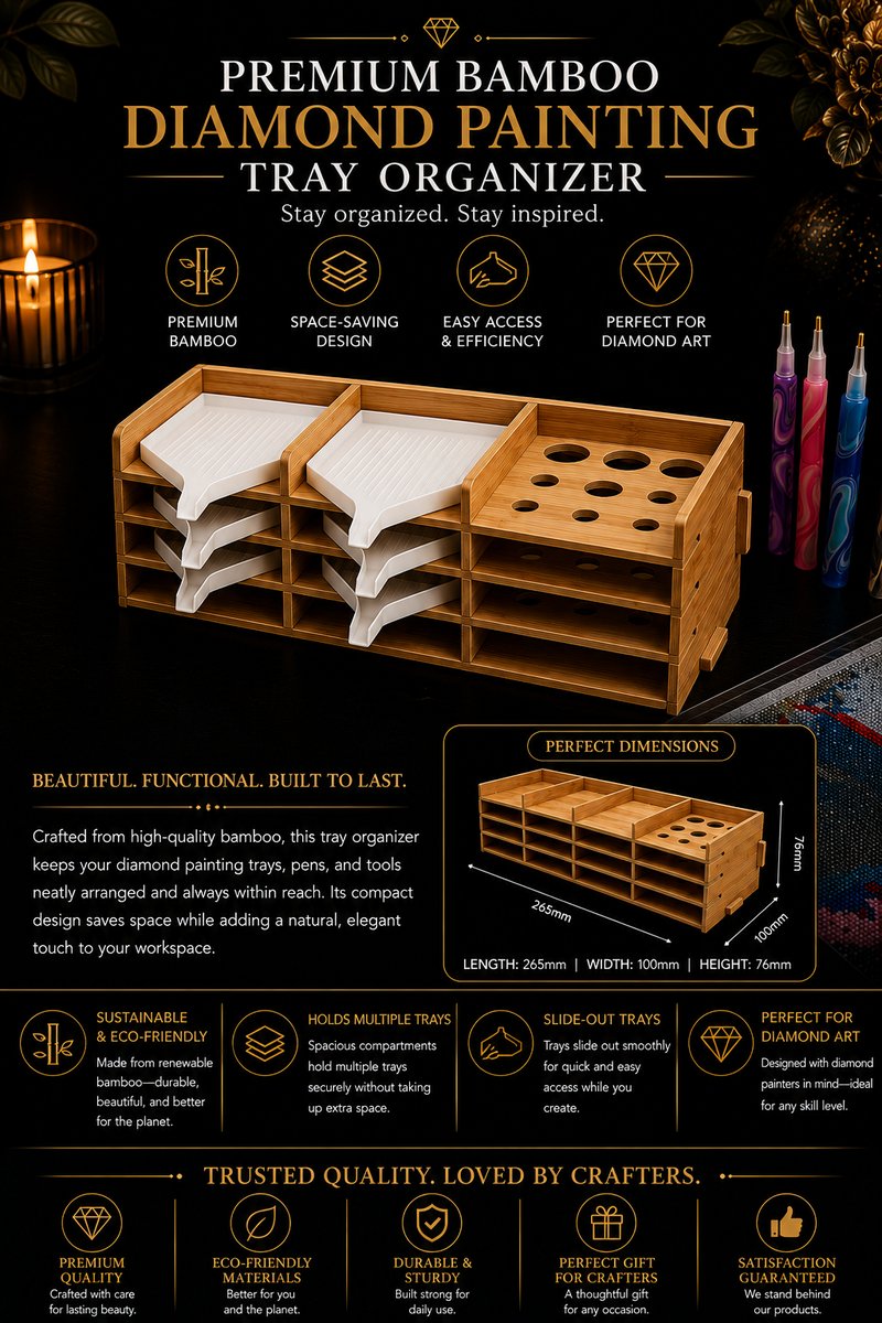 Bamboo tray organizer with colored drill pens standing in the built in pen holder, next to a diamond painting