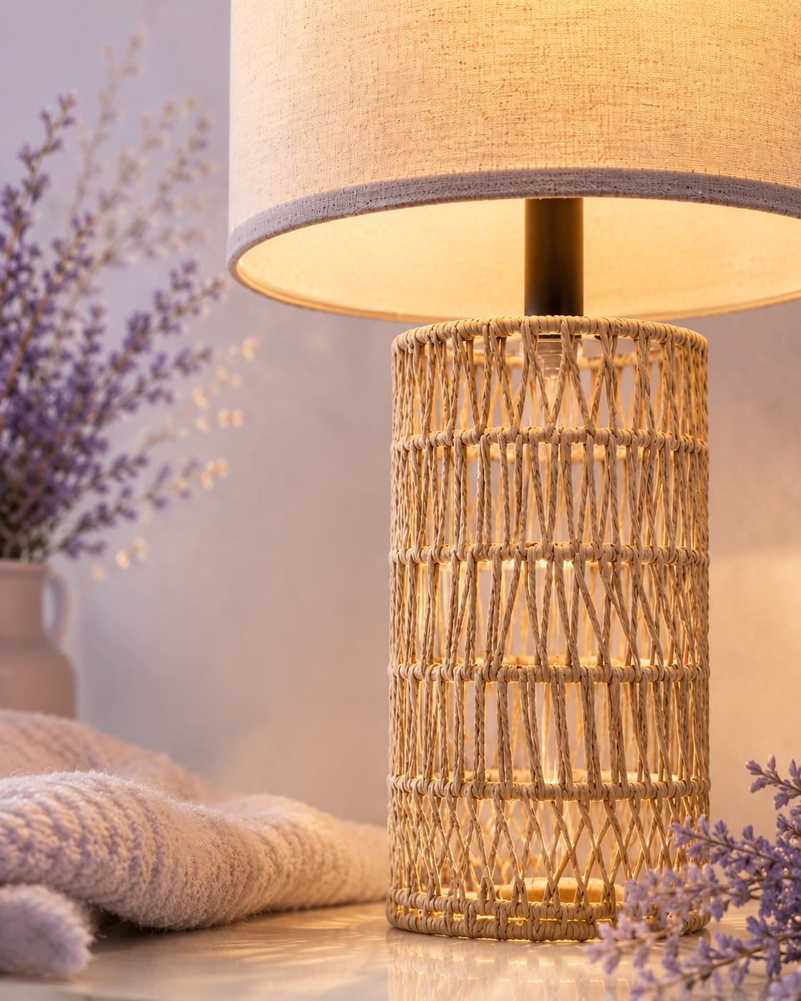 Handwoven rattan table lamp close-up glowing warm — natural rattan weave texture with soft ambient light — Azurra Shop