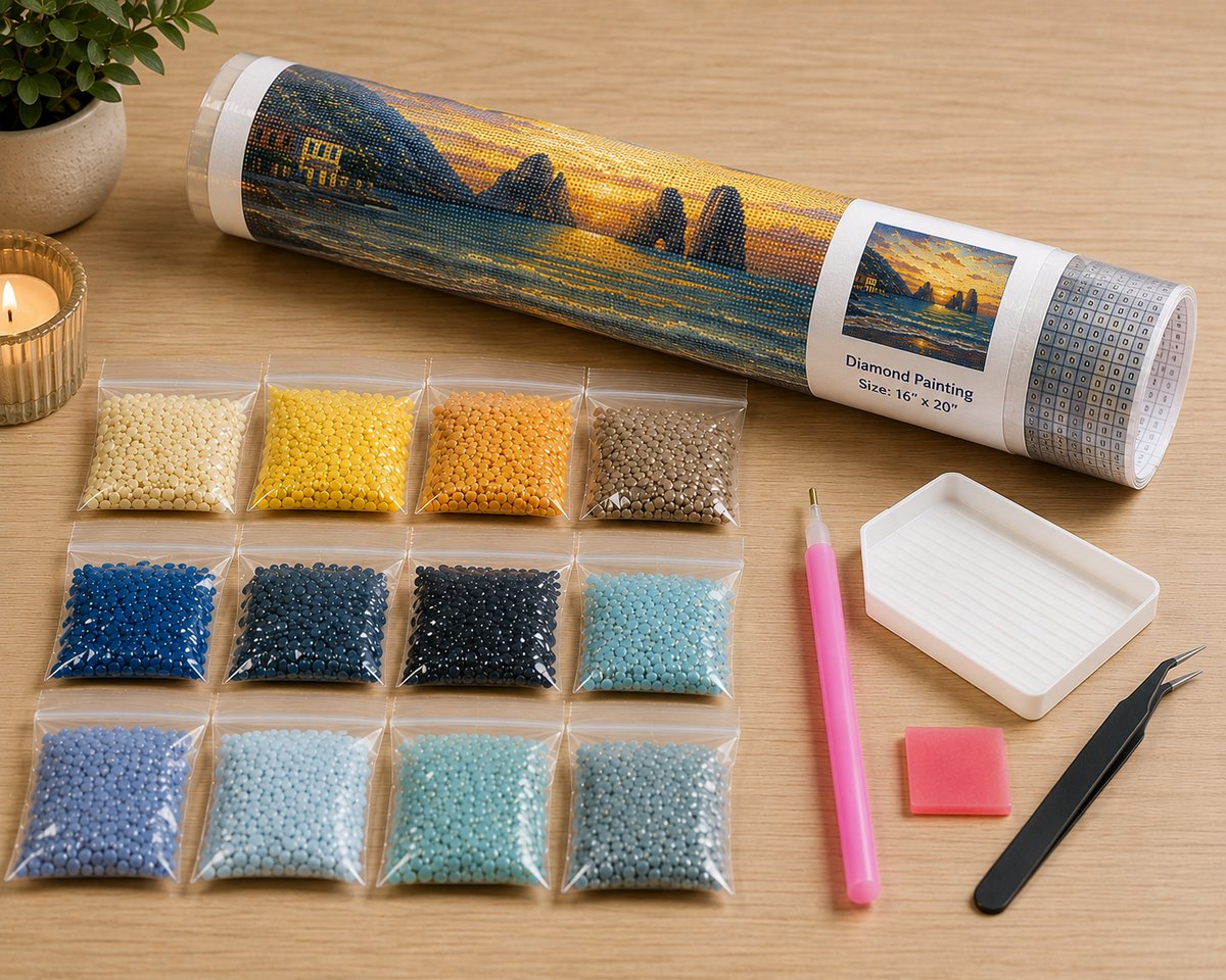 Rolled canvas and supplies for the Mediterranean sea stack sunset kit, including drill packets, applicator pen, and wax pad | Azurra Shop