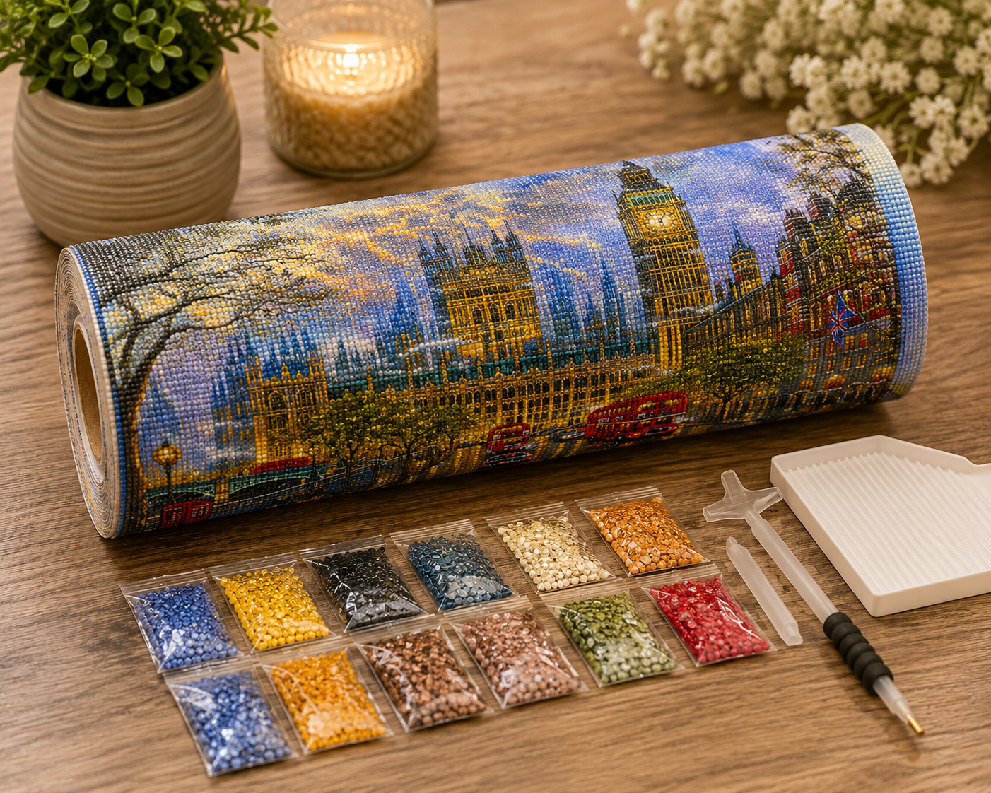 Rolled canvas and full supplies for the Big Ben and Houses of Parliament kit, including diamond packets and applicator pen | Azurra Shop