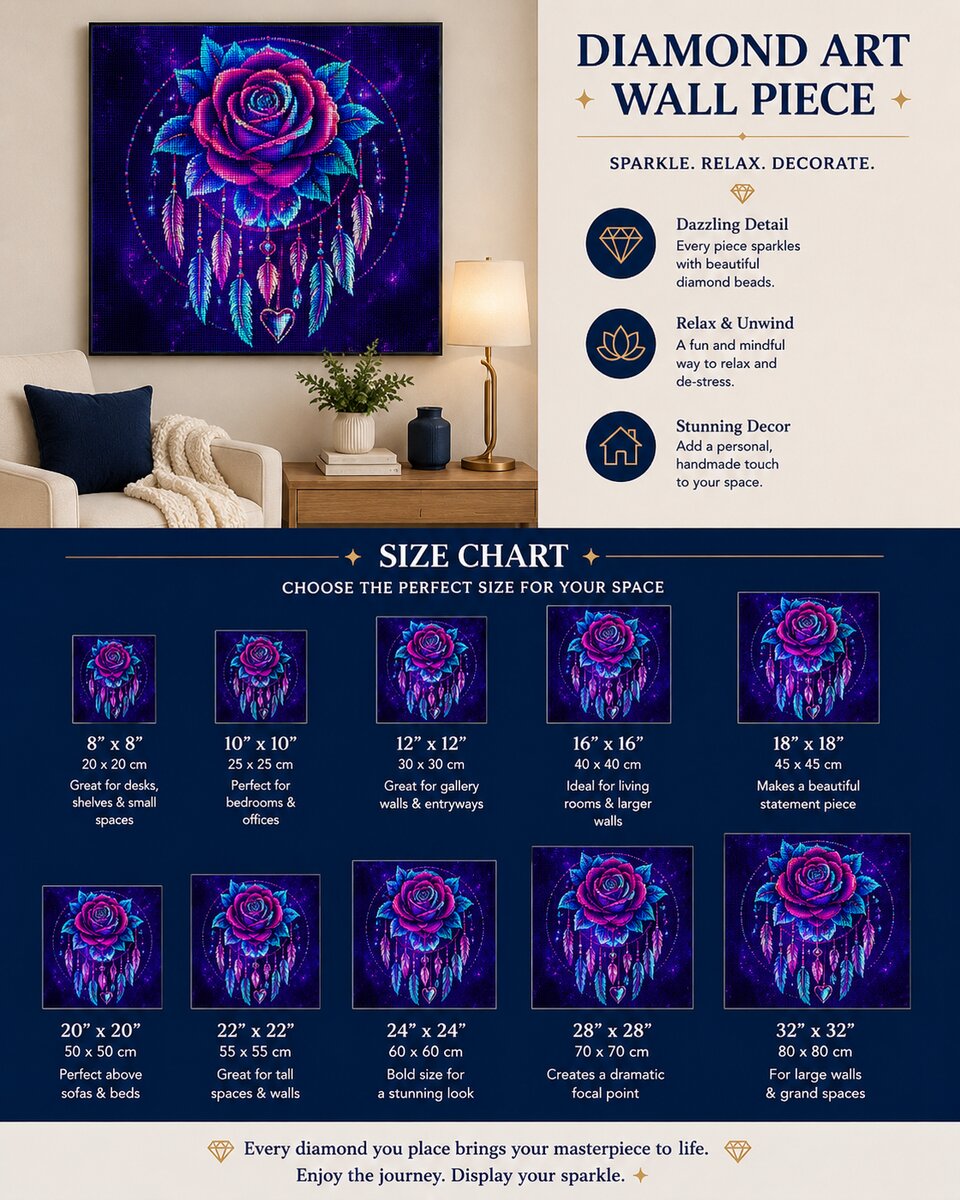 Rose dreamcatcher diamond painting framed on a wall above a chair with a navy pillow and lamp, with a size chart showing 8 by 8 up to 32 by 32 inch options | Azurra Shop