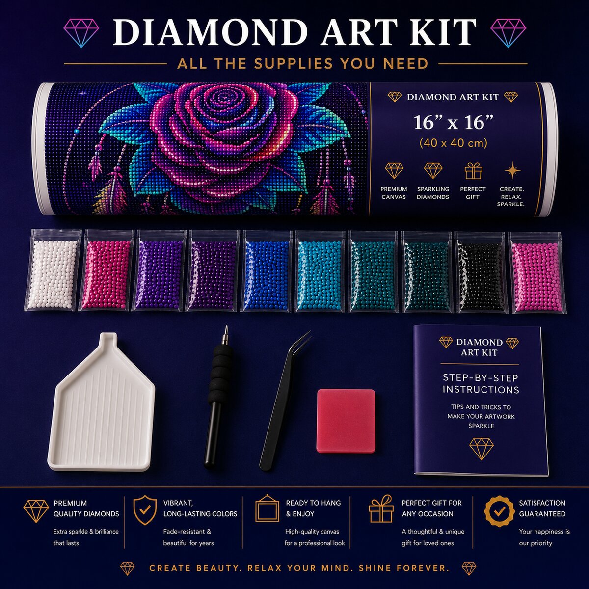 Diamond art kit supplies including rolled canvas, sorted diamond bags, applicator pen, tray, and tweezers | Azurra Shop
