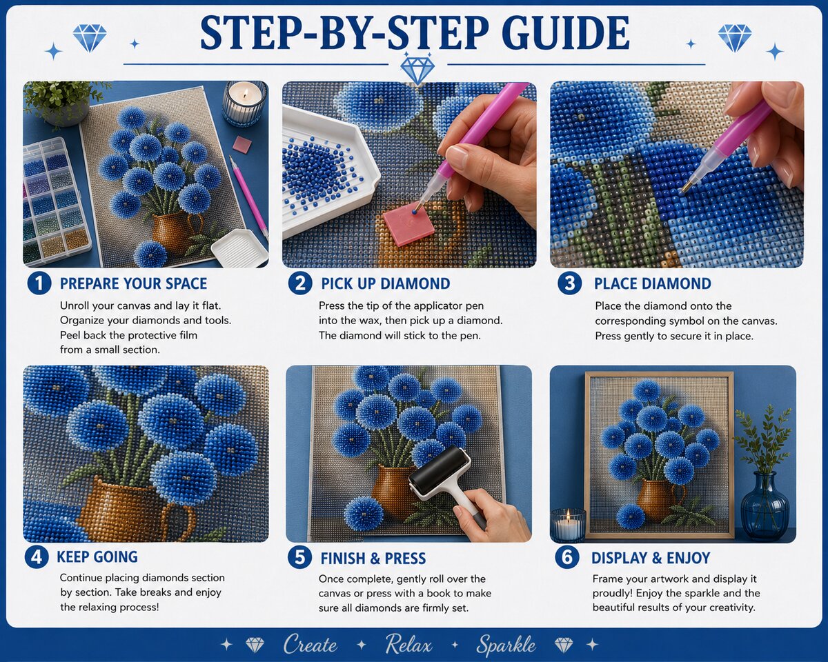 Step by step instructions for completing a diamond painting kit from canvas prep to framing | Azurra Shop