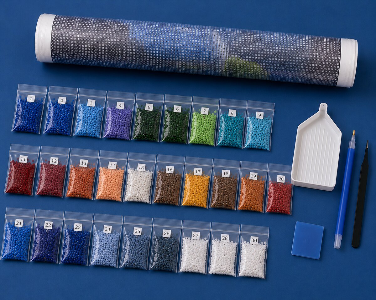 Diamond painting kit supplies including rolled canvas, 30 numbered diamond bags, tray, pen, and tweezers | Azurra Shop