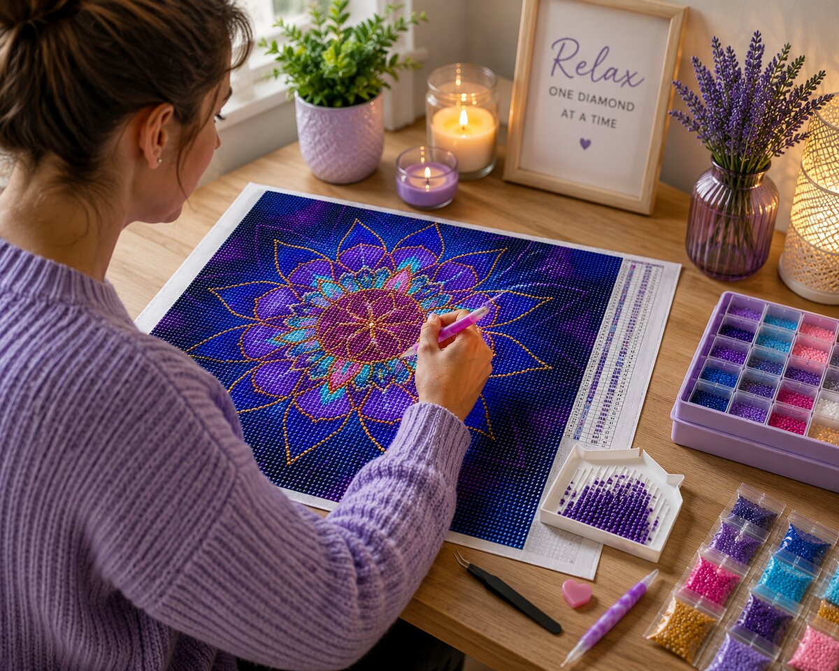 Woman placing diamonds on the blue stained glass lotus mandala canvas at a desk with candles and lavender | Azurra Shop