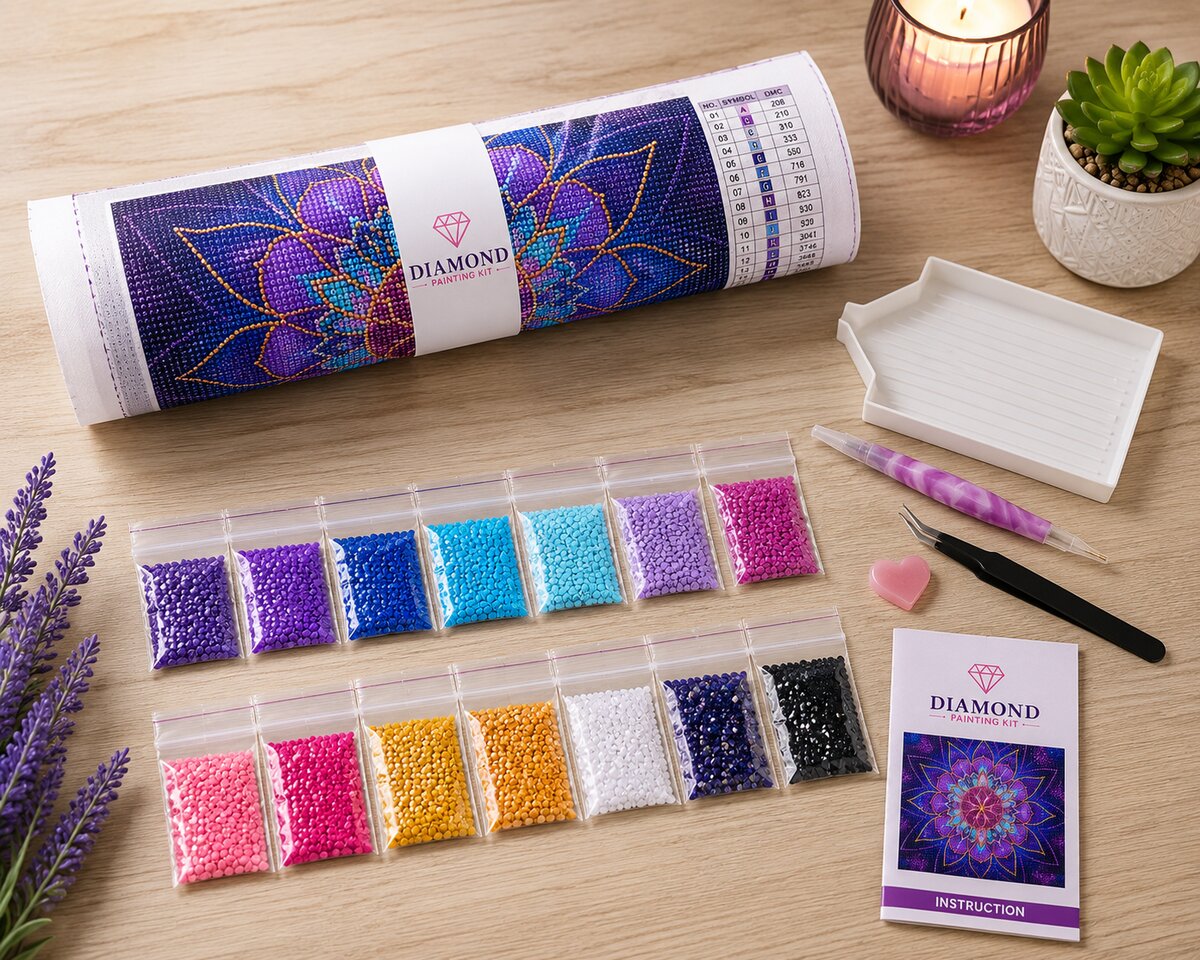 Diamond painting kit supplies including rolled canvas, 14 numbered diamond bags, applicator pen, and tweezers | Azurra Shop