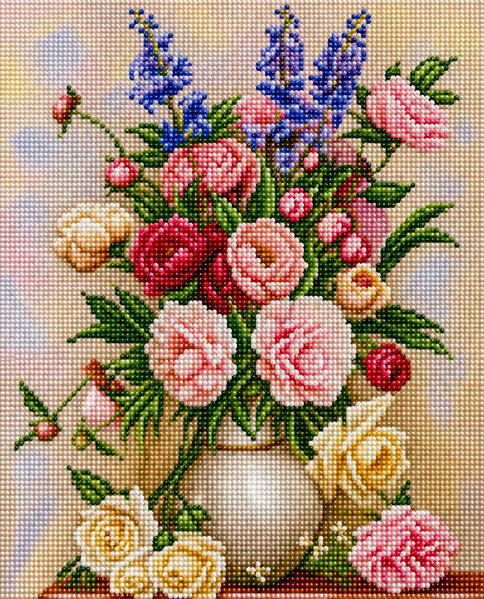 Finished vintage floral bouquet in vase diamond painting with pink yellow and red roses and blue delphinium in a white vase | Azurra Shop
