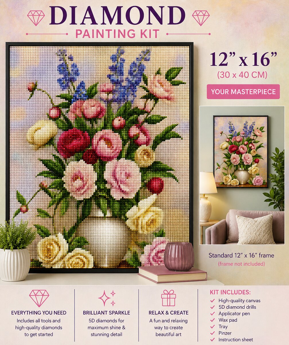 Vintage floral bouquet in vase diamond painting framed on a sage green wall, 12 by 16 inch size | Azurra Shop