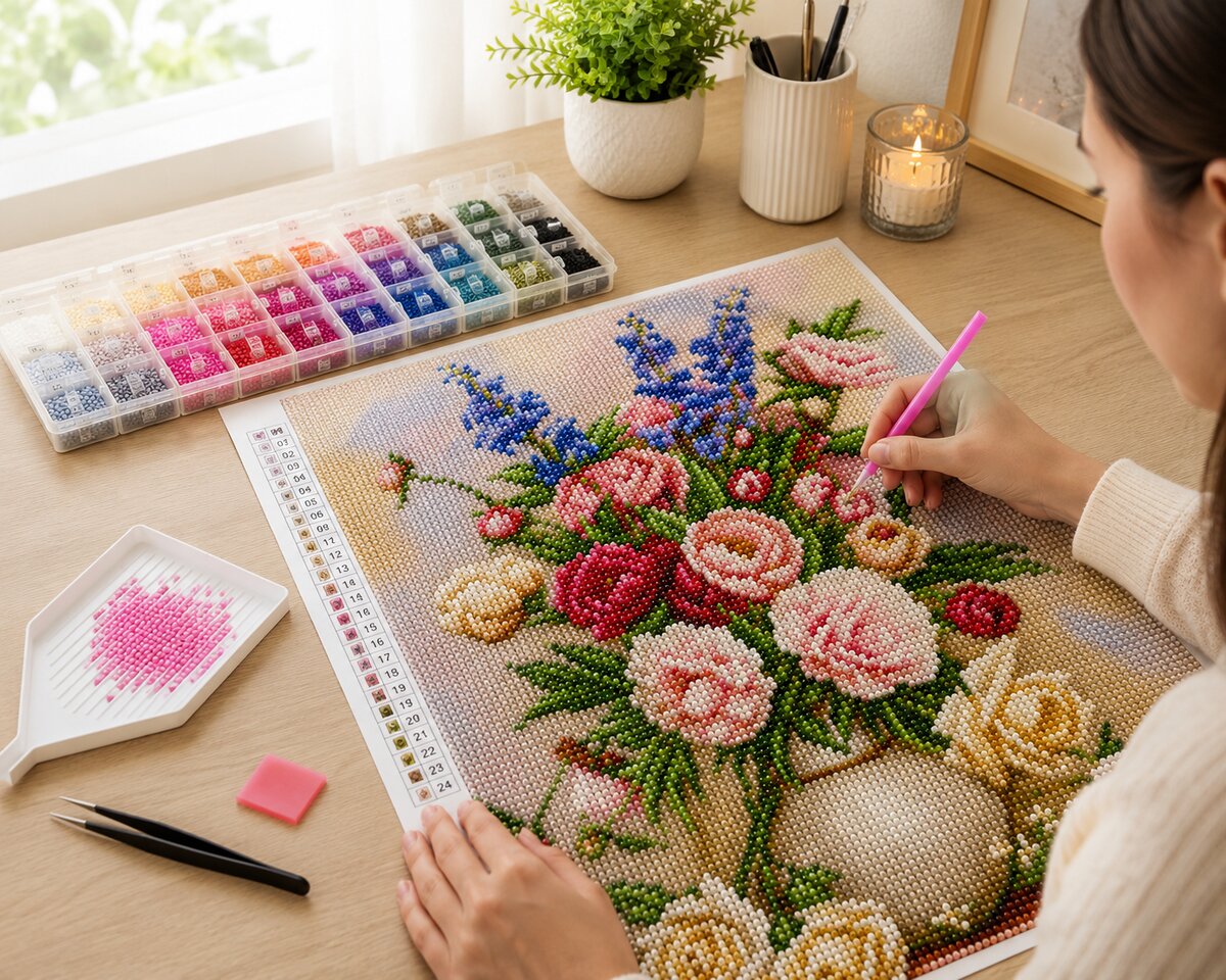Woman placing diamonds on the vintage floral bouquet canvas at a desk with candle and diamond tray | Azurra Shop