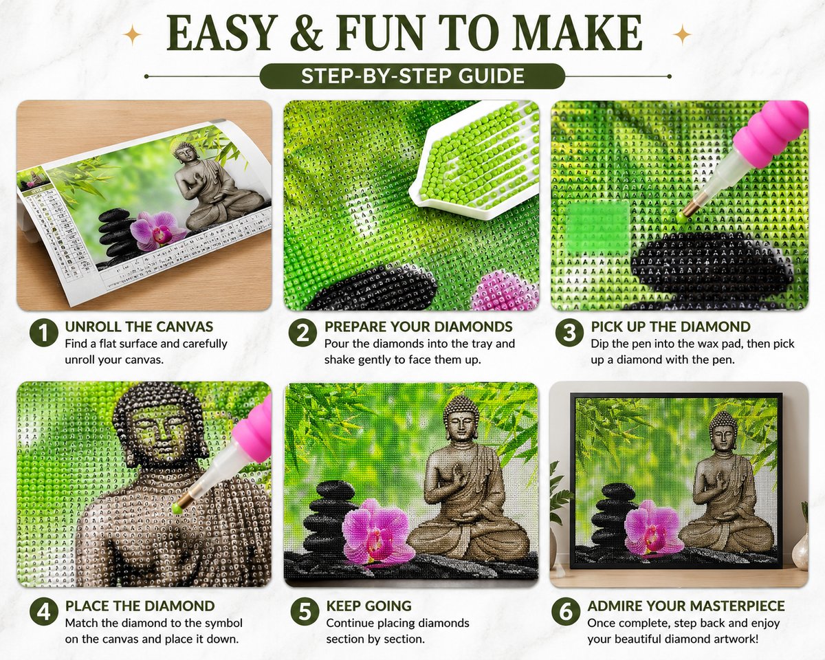 Step by step guide showing how to complete the bronze Buddha and pink orchid diamond painting