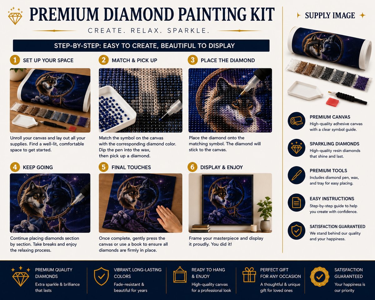 Six step guide showing how to complete the yin yang wolves diamond painting | Azurra Shop