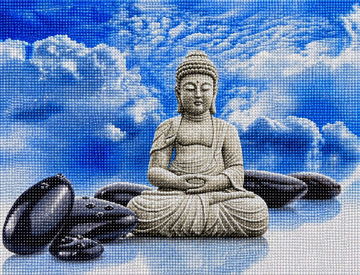 Close up of the finished Buddha above the clouds diamond painting with sparkling drills