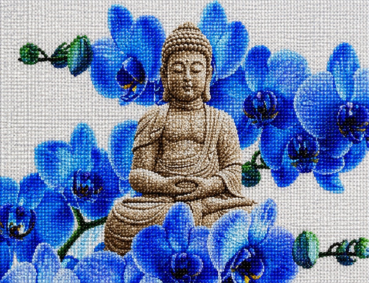 Close up of the finished Buddha in blue orchid bloom diamond painting with sparkling drills