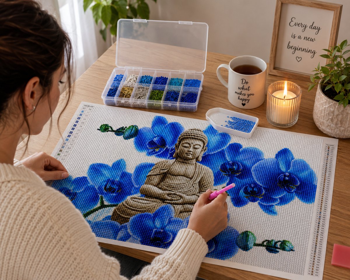Working on the Buddha in blue orchid bloom kit at a cozy desk