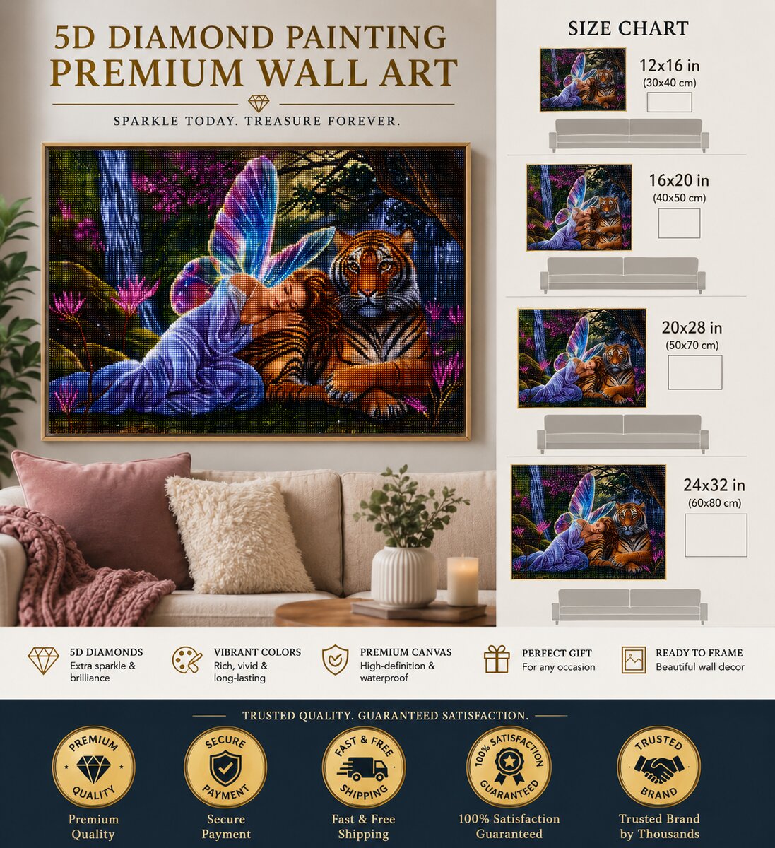 Butterfly fairy and tiger diamond painting framed on a wall, available in 4 sizes from 12 by 16 to 24 by 32 inches | Azurra Shop