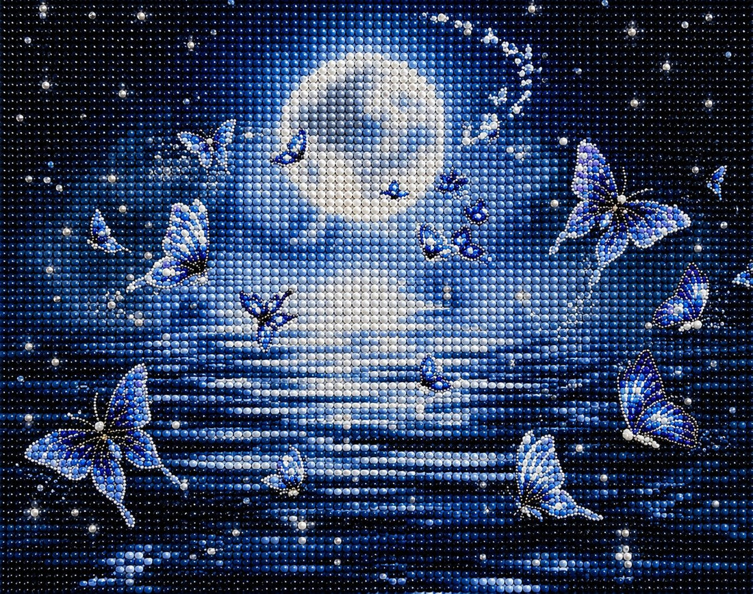 Butterfly moon diamond painting design with a glowing white moon surrounded by blue and white butterflies over water | Azurra Shop