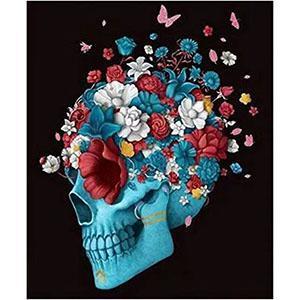 Teal floral sugar skull profile diamond painting kit — flowers crown from back of head to eye, Day of the Dead design, full drill DIY art — Azurra Shop