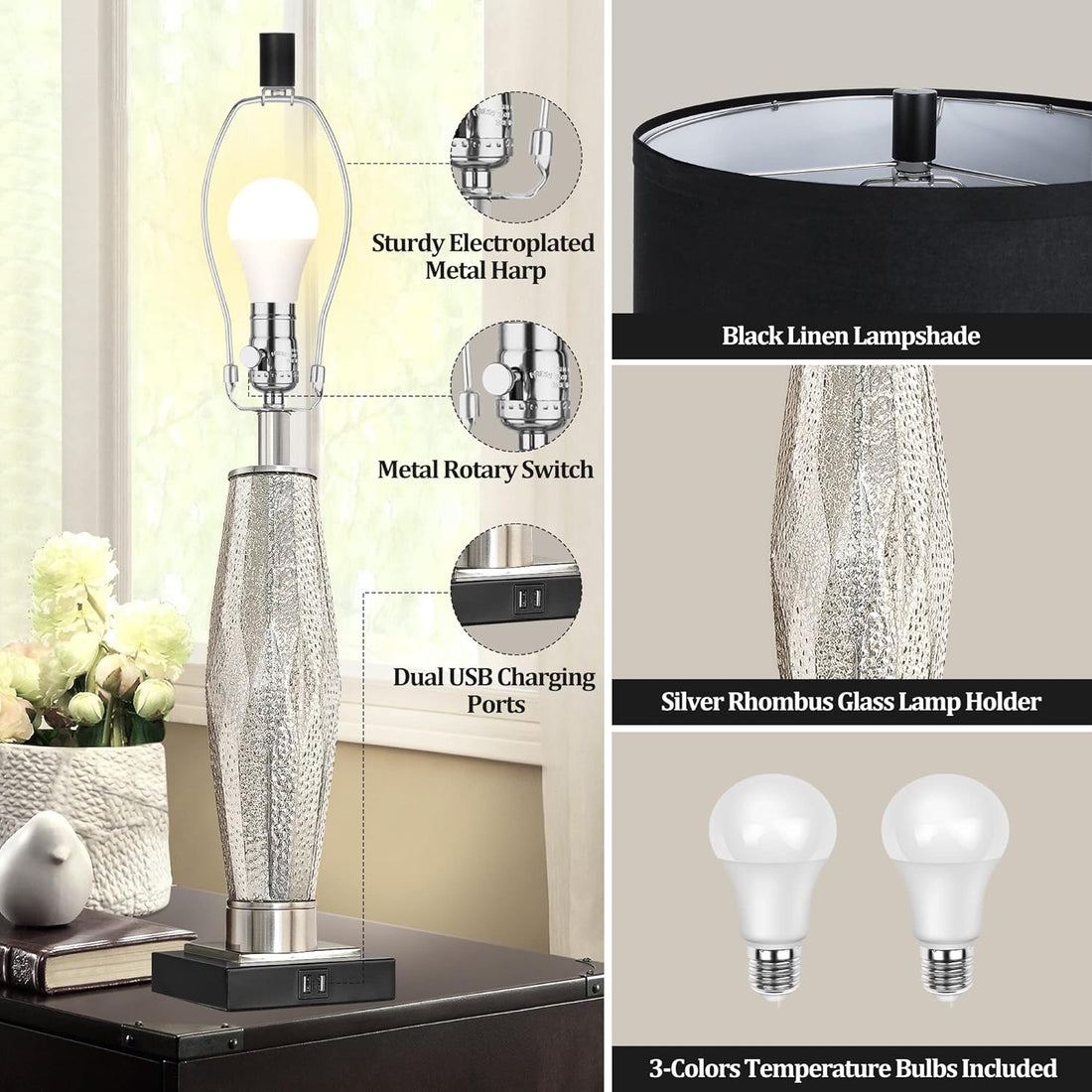 Table Lamps Set of 2 with USB A+C Charging Ports
